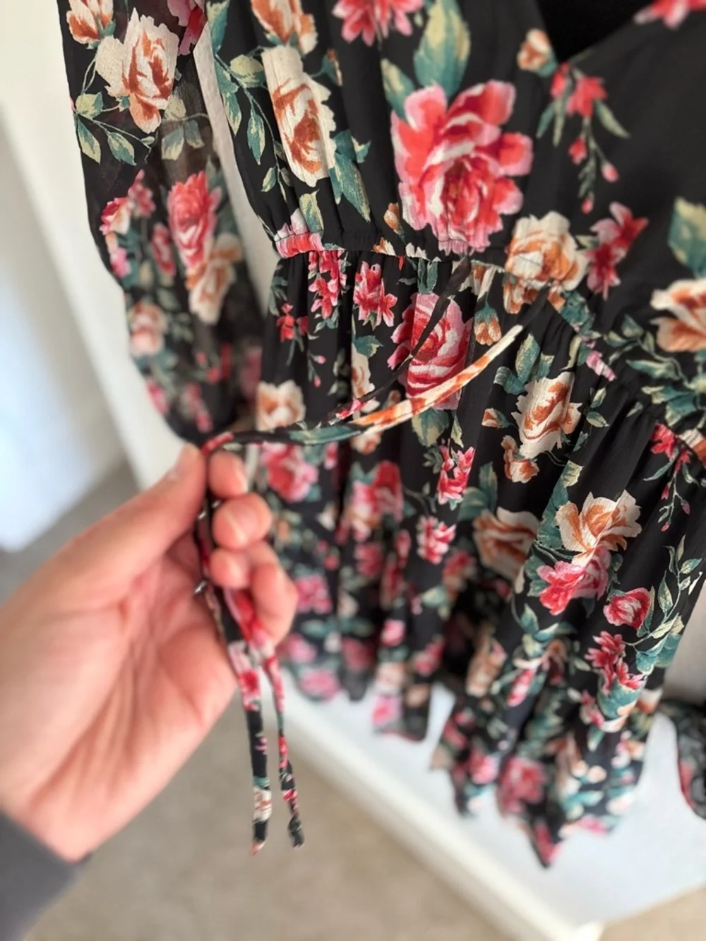 American Eagle Outfitters Black Floral Long-Sleeve Tiered Dress
